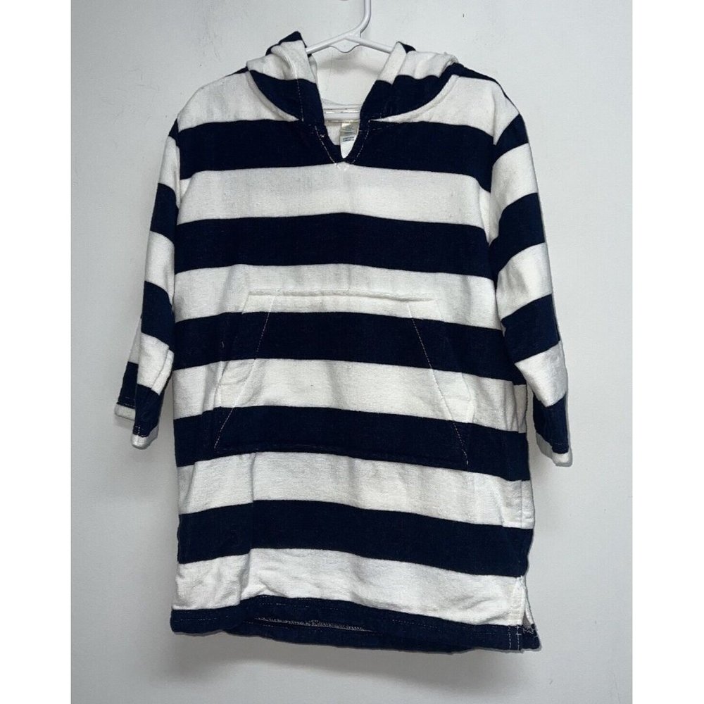Pottery Barn Kids Terry Hood Swim Cover Up Toddler SZ 2 3 Navy Blue White Stripe